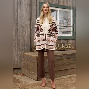 NWT CHARLIE B Western  Aztec Patterned Open Knit Cardigan Cream, Brown , Pink M